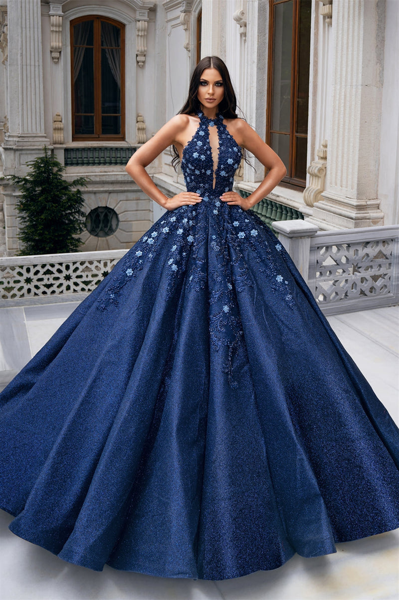 Ball Gown Halter Floor-length Sleeveless Applique Prom Dress-stylesnuggle