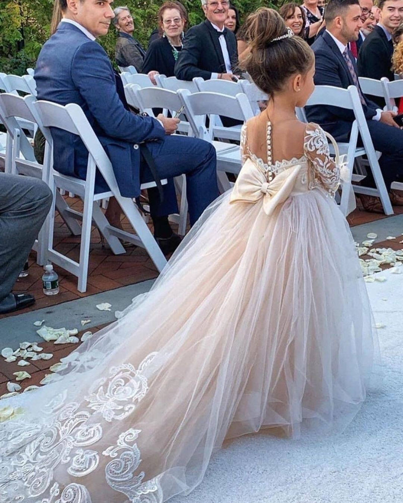 Ball Gown Long Sleeve Strapless Floor Length Tulle Applique With Back Bow Flower Girl Dress-stylesnuggle