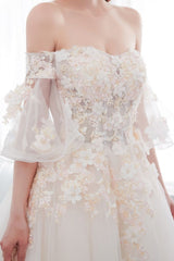 Check this Ball Gown Off-the-shoulder Floor Length Appliques Tulle Wedding Dresses at stylesnuggle.com, this dress will make your guests say wow. The Off-the-shoulder bodice is thoughtfully lined, and the Floor-length skirt with Appliques to provide the airy, flatter look of Satin,Tulle.