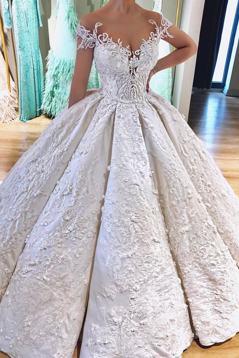 Ball Gown Off-the-shoulder Floor Length Charmeuse Applique Wedding Dress-stylesnuggle