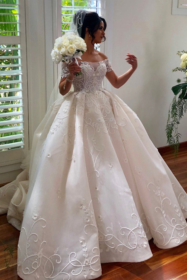 Ball Gown Off-the-shoulder Floor Length Tulle Applique Wedding Dress-stylesnuggle