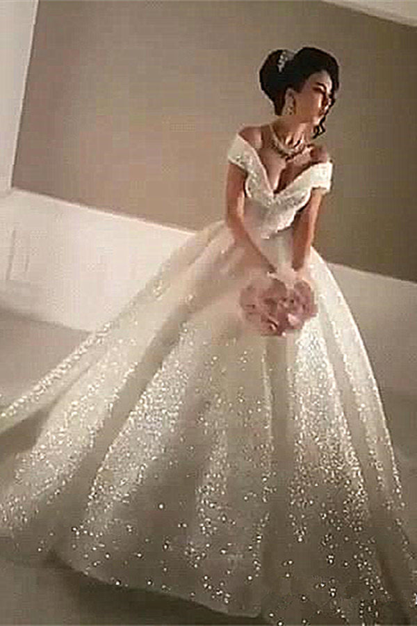 Ball Gown Off-the-Shoulder Sequined Floor-length Sleeveless Wedding Dress-stylesnuggle