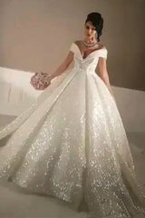 Ball Gown Off-the-Shoulder Sequined Floor-length Sleeveless Wedding Dress-stylesnuggle