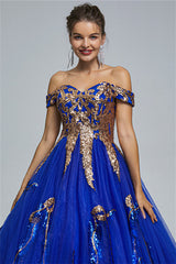 Ball Gown Off-the-shoulder Sweetheart Tulle Applique Floor-length Backless Prom Dress-stylesnuggle