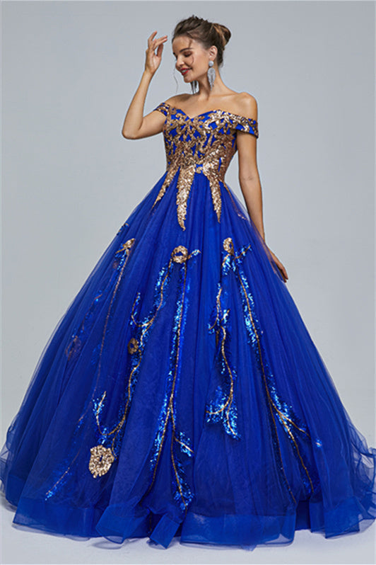 Ball Gown Off-the-shoulder Sweetheart Tulle Applique Floor-length Backless Prom Dress-stylesnuggle