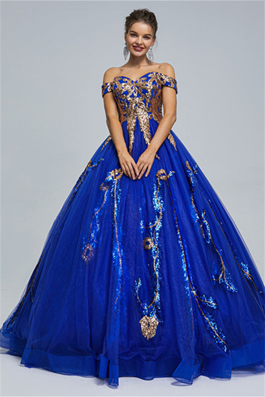 Ball Gown Off-the-shoulder Sweetheart Tulle Applique Floor-length Backless Prom Dress-stylesnuggle