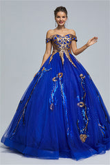 Ball Gown Off-the-shoulder Sweetheart Tulle Applique Floor-length Backless Prom Dress-stylesnuggle