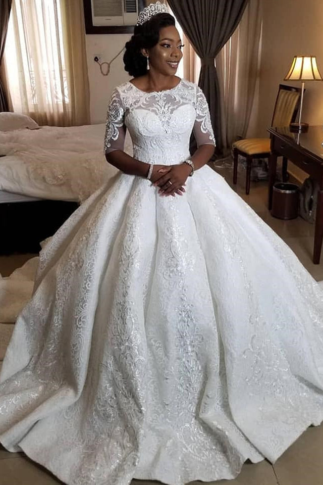 Ball Gown Round Collar Long Sleeves Floor Length Charmeuse Crochet Flower Wedding Dress-stylesnuggle