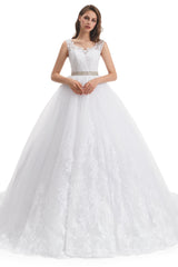 Ball Gown Round Sequined Floor-length Sleeveless Open Back Appliques Lace Wedding Dress-stylesnuggle