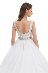 Ball Gown Round Sequined Floor-length Sleeveless Open Back Appliques Lace Wedding Dress-stylesnuggle