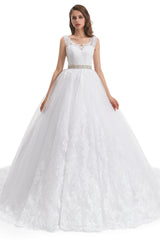 Ball Gown Round Sequined Floor-length Sleeveless Open Back Appliques Lace Wedding Dress-stylesnuggle