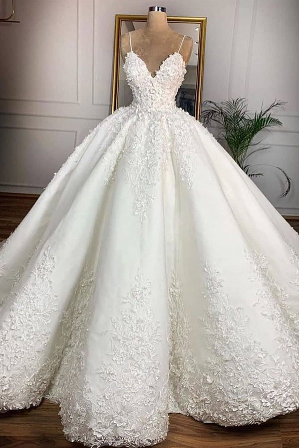 Ball Gown Spaghetti Strap Floor Length Organza Applique Wedding Dress-stylesnuggle