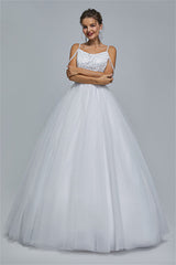 Ball Gown Spaghetti strap Square Neckline Beading Tulle Ankle Length Open Back Beautiful Prom Dress-stylesnuggle