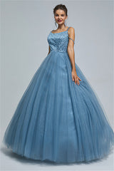 Ball Gown Spaghetti strap Square Neckline Beading Tulle Ankle Length Open Back Beautiful Prom Dress-stylesnuggle