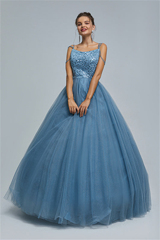 Ball Gown Spaghetti strap Square Neckline Beading Tulle Ankle Length Open Back Beautiful Prom Dress-stylesnuggle