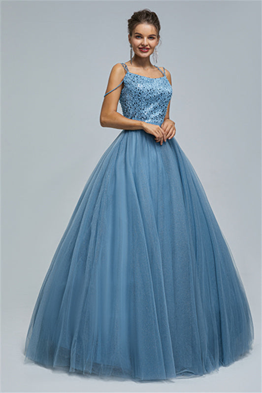 Ball Gown Spaghetti strap Square Neckline Beading Tulle Ankle Length Open Back Beautiful Prom Dress-stylesnuggle