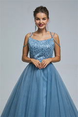 Ball Gown Spaghetti strap Square Neckline Beading Tulle Ankle Length Open Back Beautiful Prom Dress-stylesnuggle