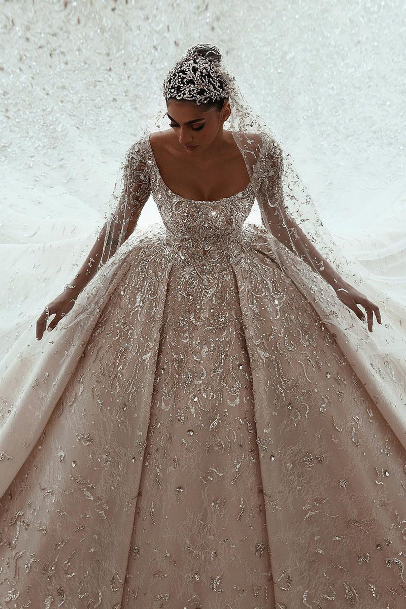 Ball gown Square neck Long Sleeves with waist skrit floor length Sparkle Beaded Wedding Dress-stylesnuggle