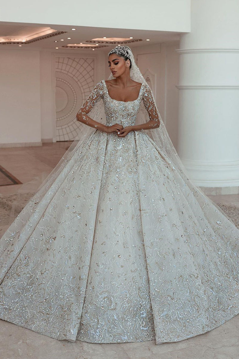 Ball gown Square neck Long Sleeves with waist skrit floor length Sparkle Beaded Wedding Dress-stylesnuggle