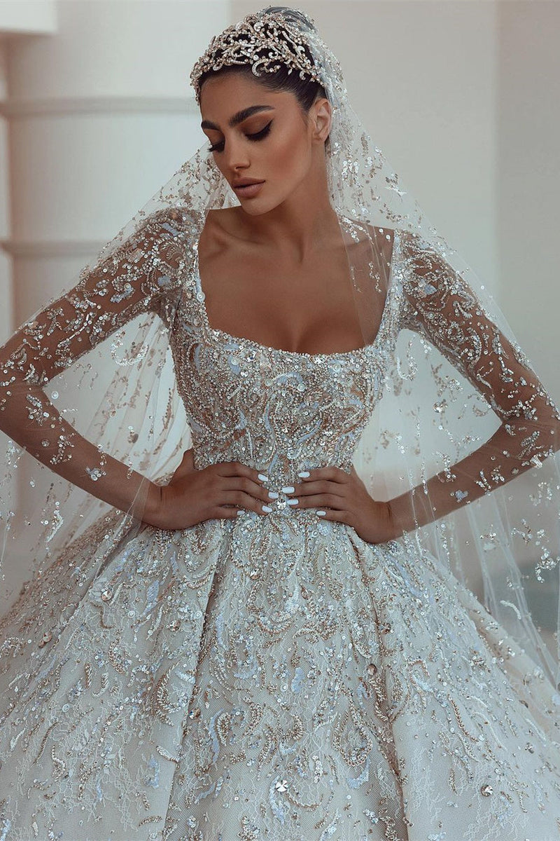 Ball gown Square neck Long Sleeves with waist skrit floor length Sparkle Beaded Wedding Dress-stylesnuggle