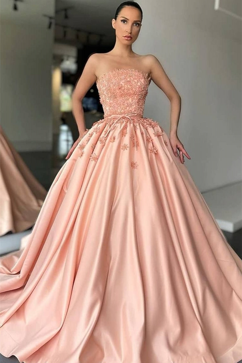 Ball Gown Strapless Lace Applique Floor-length Sleeveless Prom Dress-stylesnuggle