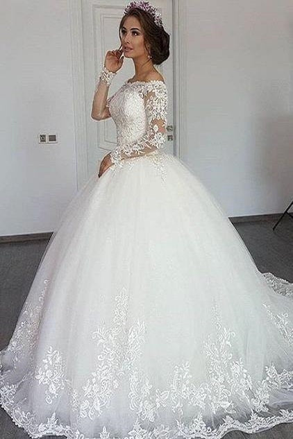 Ball Gown Strapless Portrait Floor Length Tulle Crochet Flower Wedding Dress-stylesnuggle