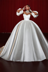 Ball Gown Strapless Sweetheart Bubble Sleeves Applique Floor-length Backless With Side Train Wedding Dress-stylesnuggle