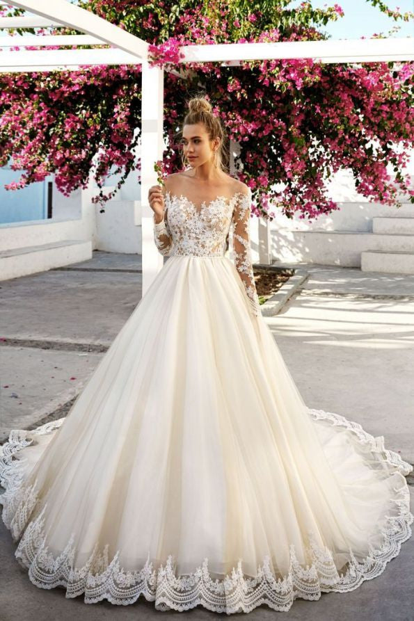 Ball Gown Sweetheart Long Sleeve Floor Length Tulle Applique Wedding Dress-stylesnuggle