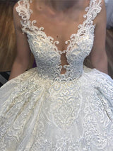 Ball Gown V-neck Wide Strap Floor Length Tulle Applique Lace Wedding Dress-stylesnuggle