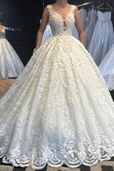 Ball Gown V-neck Wide Strap Floor Length Tulle Applique Lace Wedding Dress-stylesnuggle