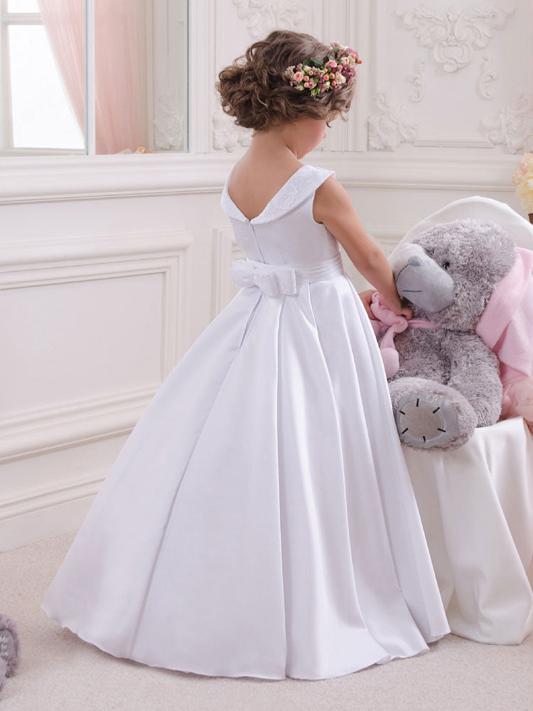 flower girl dresses Bateau Neck Satin Fabric Sleeveless Floor Length A-Line Bows Kids Social Party Dresses