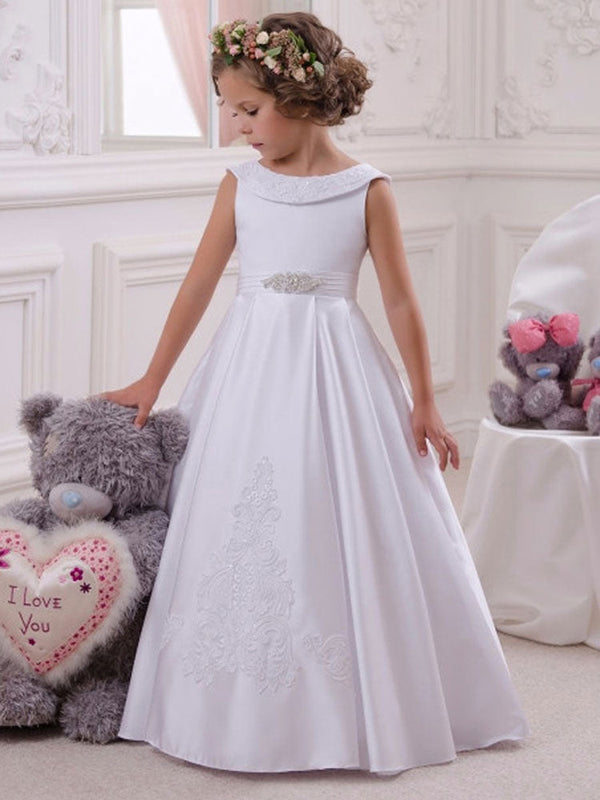 flower girl dresses Bateau Neck Satin Fabric Sleeveless Floor Length A-Line Bows Kids Social Party Dresses