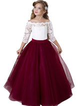 flower girl dresses Bateau Neck Tulle 3/4 Length Sleeves Floor Length Princess Silhouette Sash Kids Party Dresses