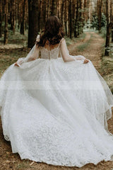 Looking for a dress in Lace, A-line style, and Amazing Lace work? We meet all your need with this Classic Bateau Tulle A-Line Lace Long Sleevess Chapel Train White Wedding Dresses.