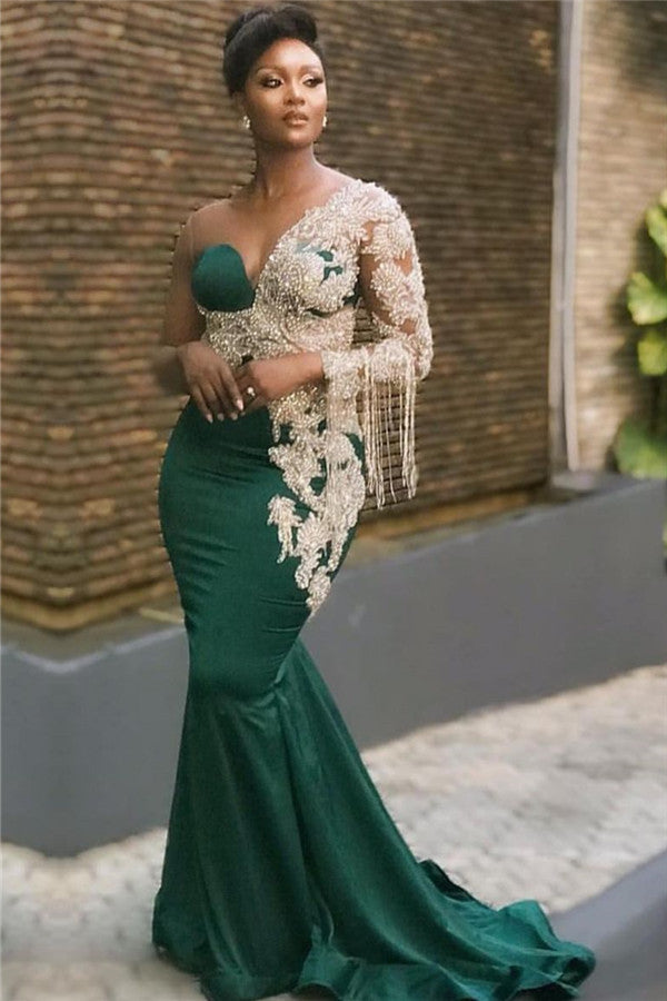 Beaded Chiffon Green Long Mermaid Prom Dress One Shoulder With Long Sleeve On One Side-stylesnuggle