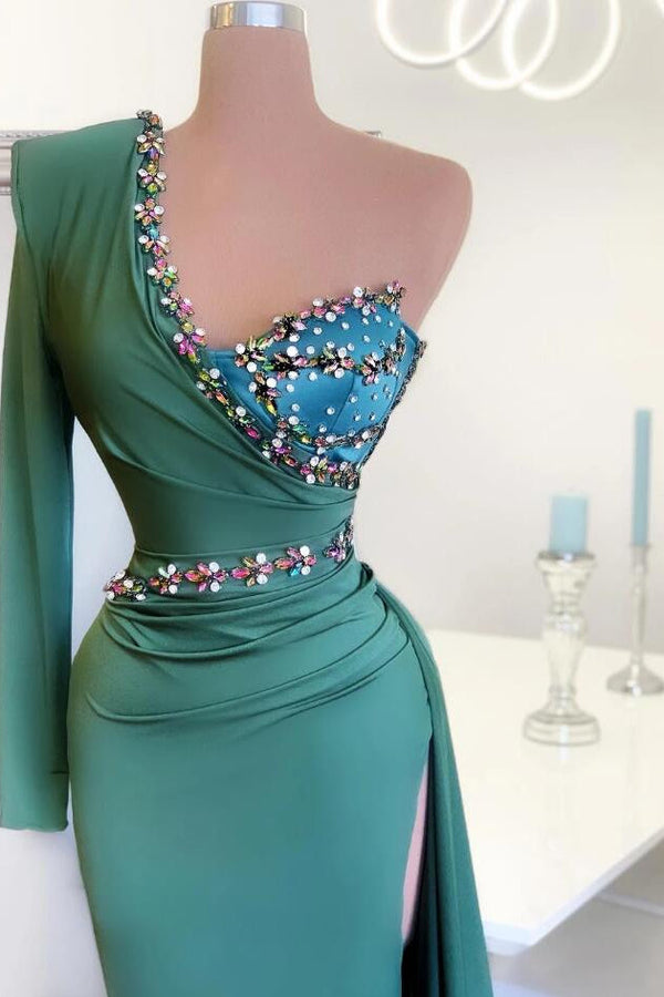 Beaded Green Long Prom Dress One Shoulder With Long Sleeve On One Side-stylesnuggle