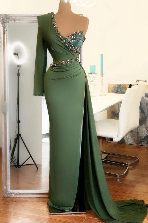 Beaded Green Long Prom Dress One Shoulder With Long Sleeve On One Side-stylesnuggle