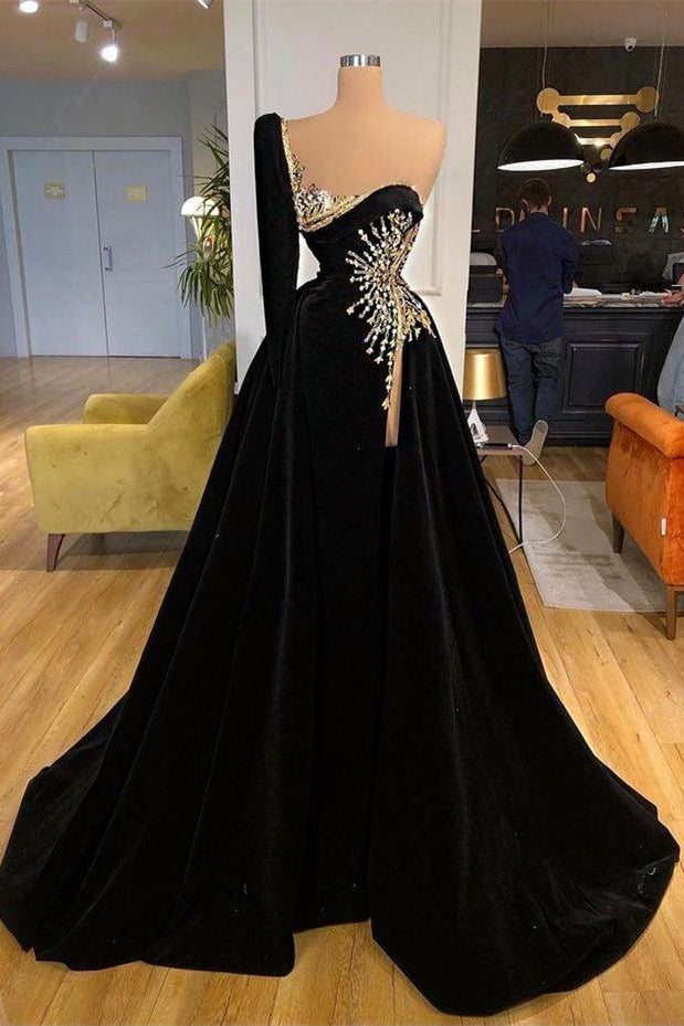 Beading Sweetheart A-line Black Prom Dress With One Sleeve-stylesnuggle