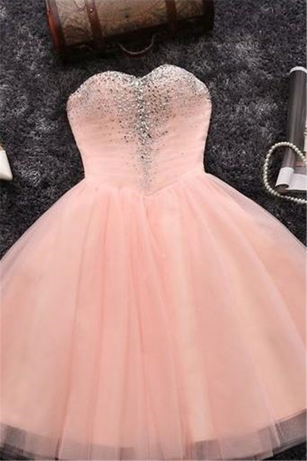 Beads Sequins Short Homecoming Dresses Sweetheart Coral Pink Hoco Dress-stylesnuggle