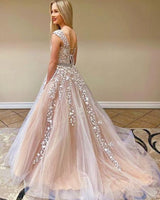 Beautiful Cap Sleeve Lace Prom Dress Long Tulle Evening Party Gowns-stylesnuggle