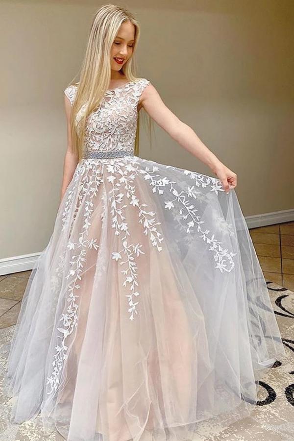 Beautiful Cap Sleeve Lace Prom Dress Long Tulle Evening Party Gowns-stylesnuggle