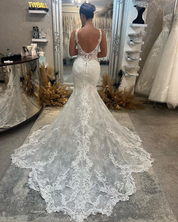 Beautiful Long Mermaid V-neck Sleeveless Lace Backless Wedding Dress