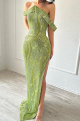 Beautiful Mermaid Sleeveless Satin Sequined Split limegreen Prom Dress