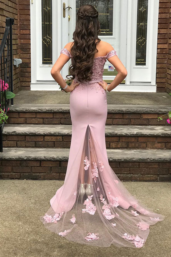 stylesnuggle offers Beautiful Off-the-shoulder Mermaid Lace Appliques Pearl Pink Bridesmaid Dress with Belt On Sale at an affordable price from Satin to Mermaid Floor-length skirts. Shop for gorgeous  Prom Dresses collections for special events.