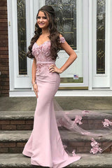 stylesnuggle offers Beautiful Off-the-shoulder Mermaid Lace Appliques Pearl Pink Bridesmaid Dress with Belt On Sale at an affordable price from Satin to Mermaid Floor-length skirts. Shop for gorgeous  Prom Dresses collections for special events.