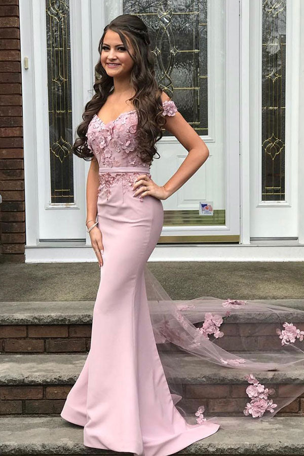 stylesnuggle offers Beautiful Off-the-shoulder Mermaid Lace Appliques Pearl Pink Bridesmaid Dress with Belt On Sale at an affordable price from Satin to Mermaid Floor-length skirts. Shop for gorgeous  Prom Dresses collections for special events.