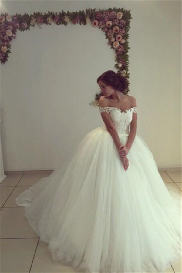 Beautiful Off the Shoulder Tulle Chapel Train Ball Gown Wedding Dresses-stylesnuggle