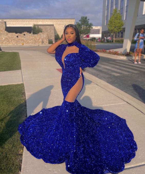 Beautiful Royal Blue High-neck Long Sleeve Lace Long Mermaid Prom Dress-stylesnuggle