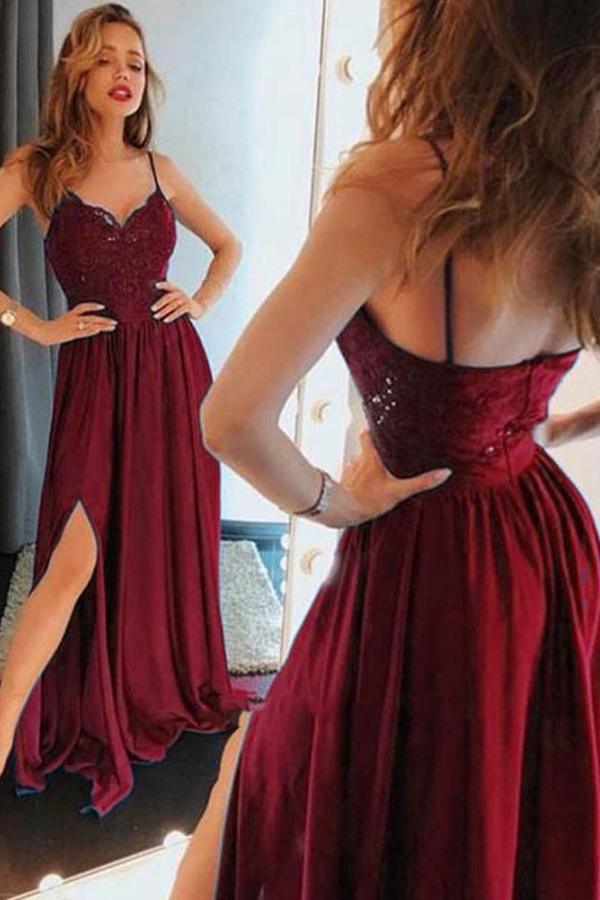 Beautiful Spaghetti-Straps Lace Appliques Prom Dress Long With Split-stylesnuggle