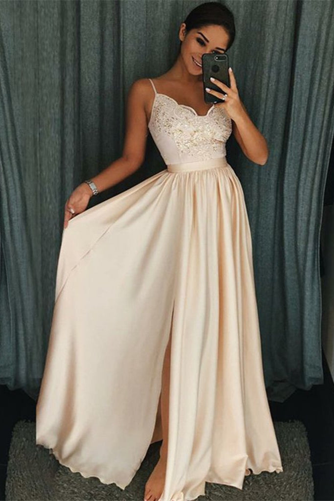 Beautiful Spaghetti-Straps Lace Appliques Prom Dress Long With Split-stylesnuggle